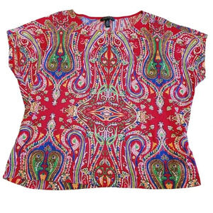Lauren Ralph Lauren Blouse Top Women's 2X Red Cotton Paisley Short Cap Sleeves